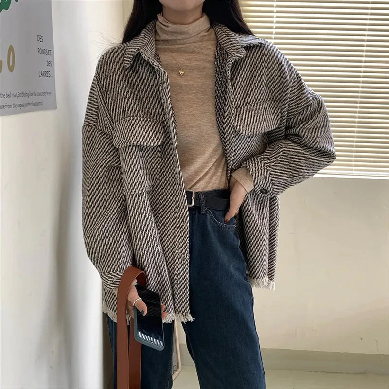 Retro Houndstooth Pattern Tassel Jacket