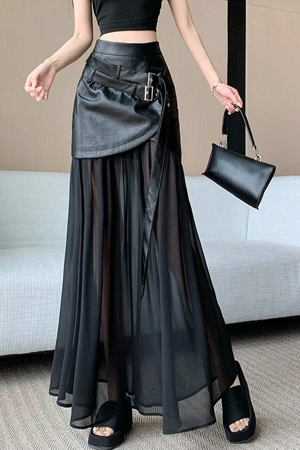 High Waist Mesh Leather A-Line Long Skirts