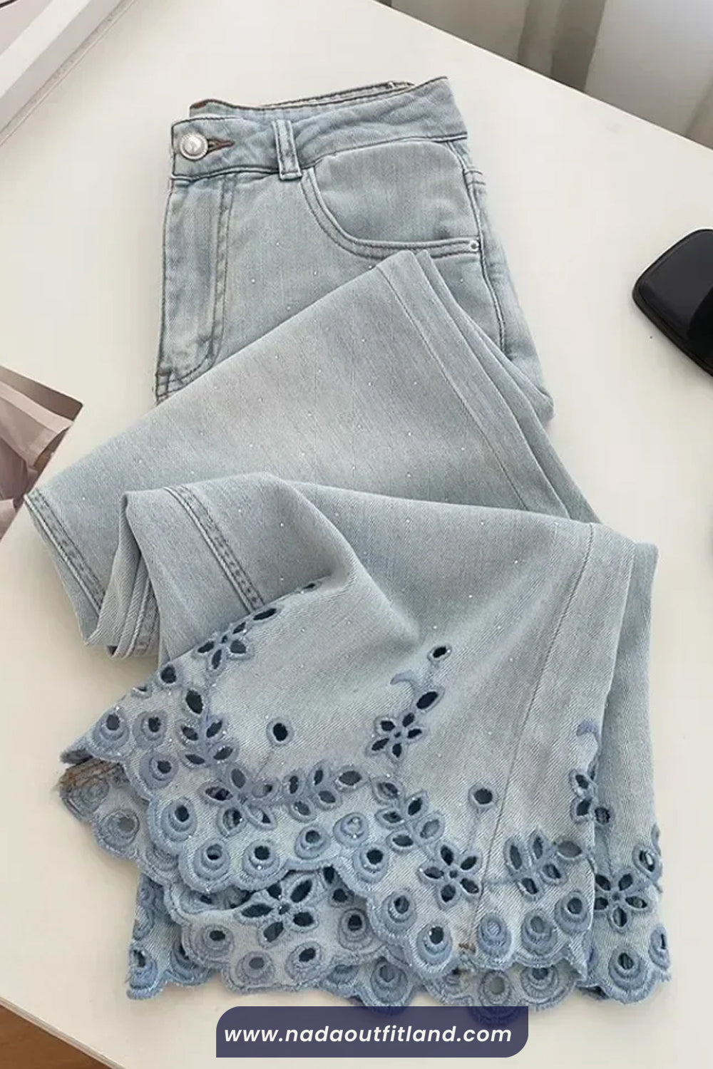 High Waist Daisy Hollow Embroidered Jeans Pants