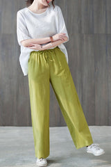 Cotton Linen Elastic Waist Colors Wide Leg Pants