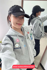 Long Sleeve 3D Floral Embroidered Hooded Zipper Sweatshirt