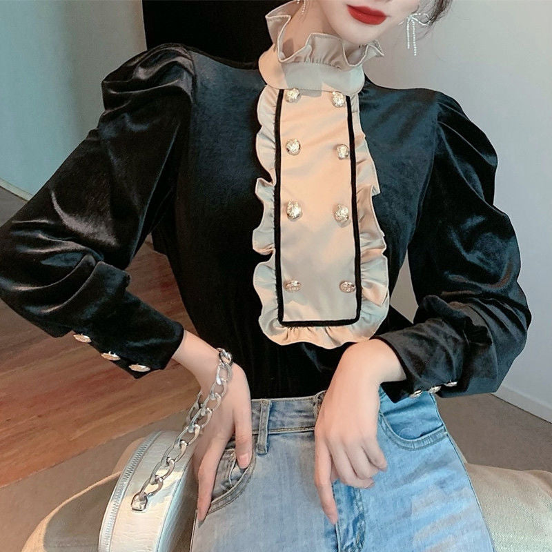 Long Sleeve Stand Collar Velvet Blouse Shirts