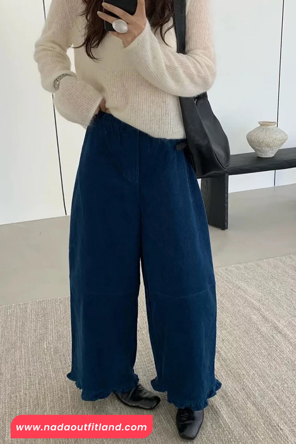 Loose Elastic Waist Ruffled Corduroy Pants