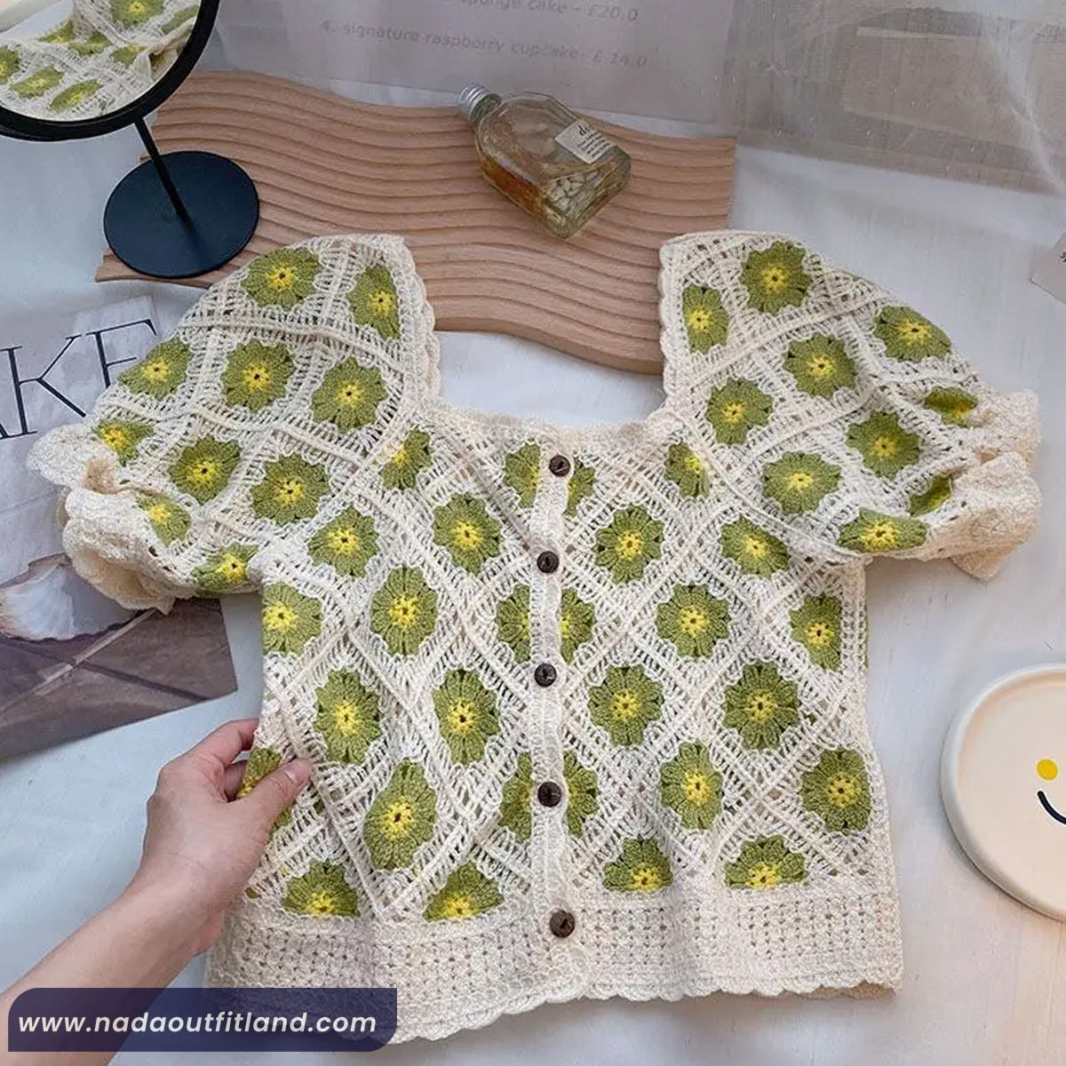 Puff Sleeve Square Collar Knitted Crochet Shirt
