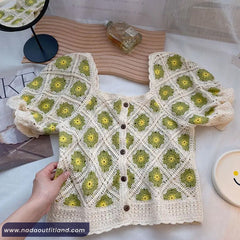 Puff Sleeve Square Collar Knitted Crochet Shirt