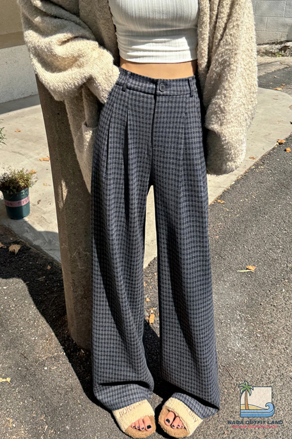 Loose Wide Leg Woolen Plaid Casual Pants