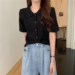 Short Sleeve Turn Down Collar Hollow Out Shirts