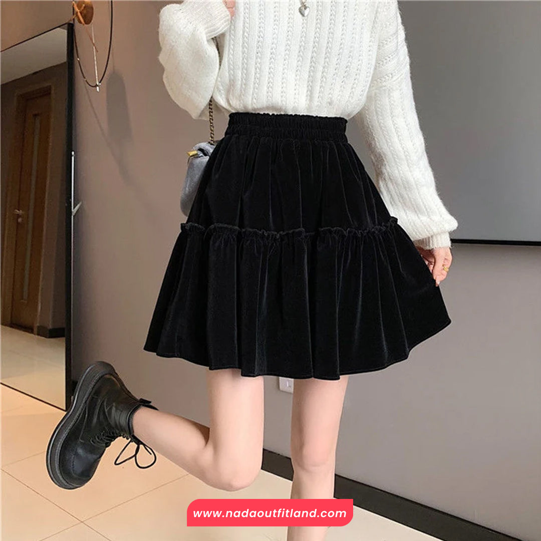 High Waist Solid A-Line Velvet Mini Skirts