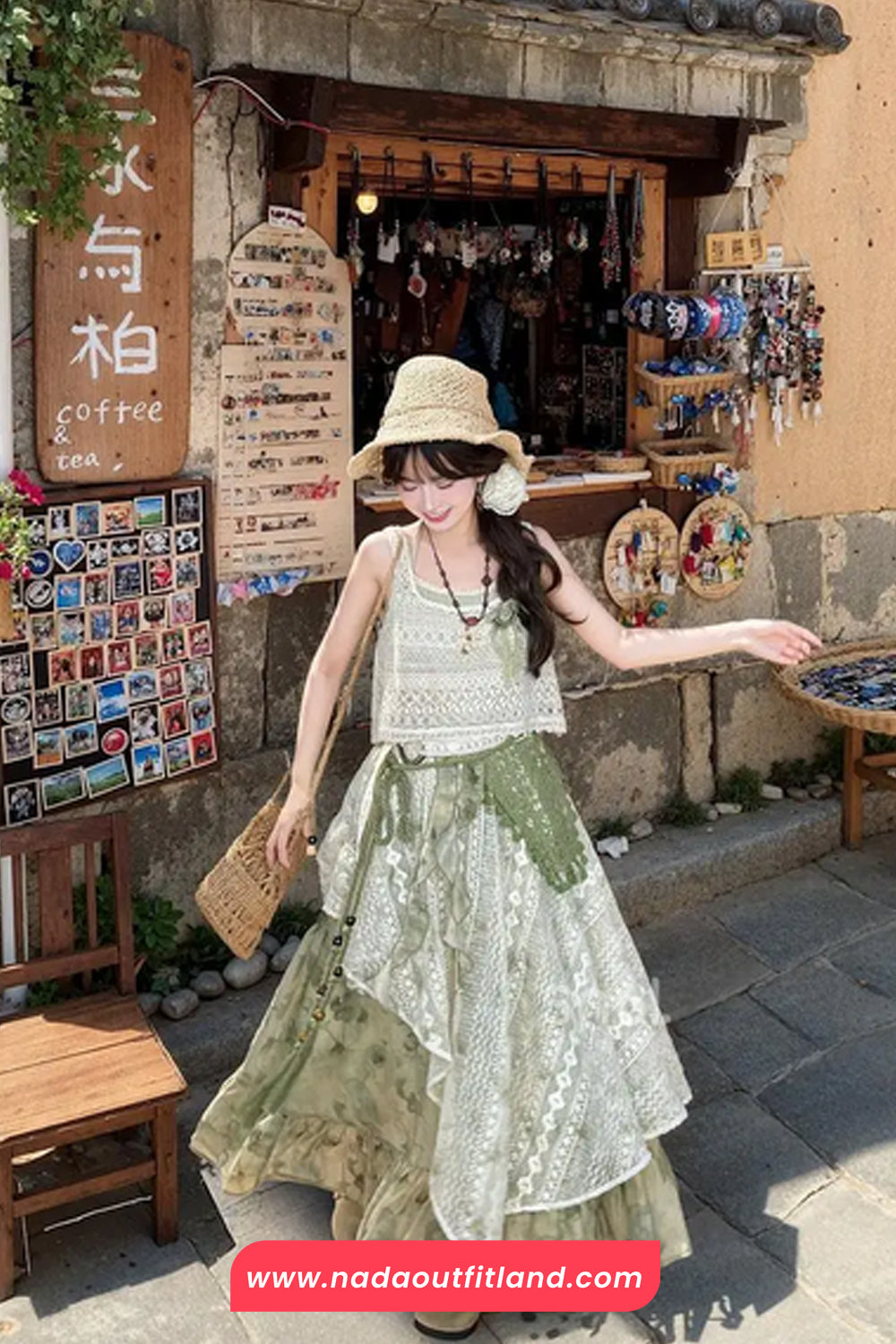 High Waist Lace Patchwork Green Tie Dye Irregular Long Skirts