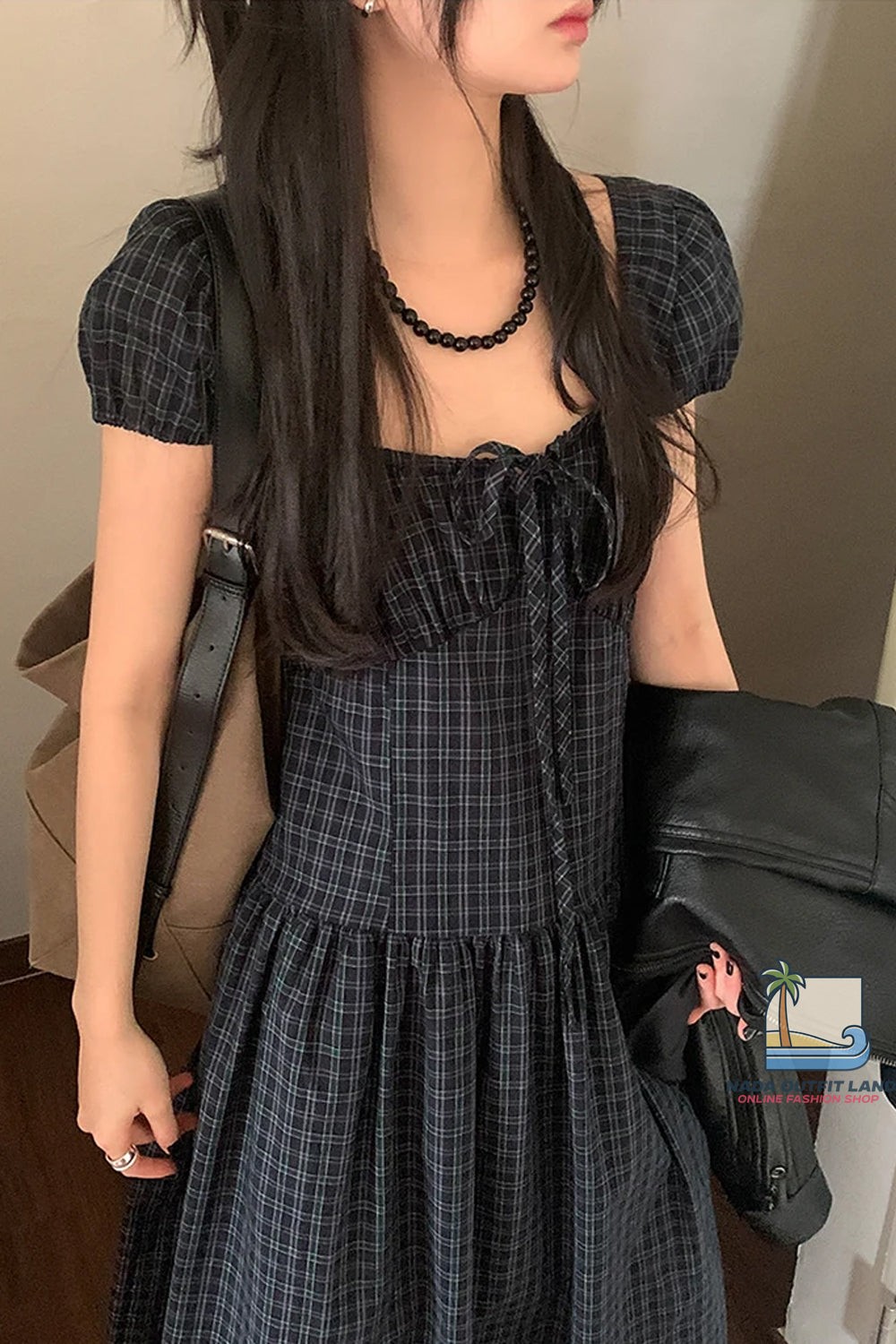 Vintage Puff Sleeve Plaid Pattern Long Bandage Dress