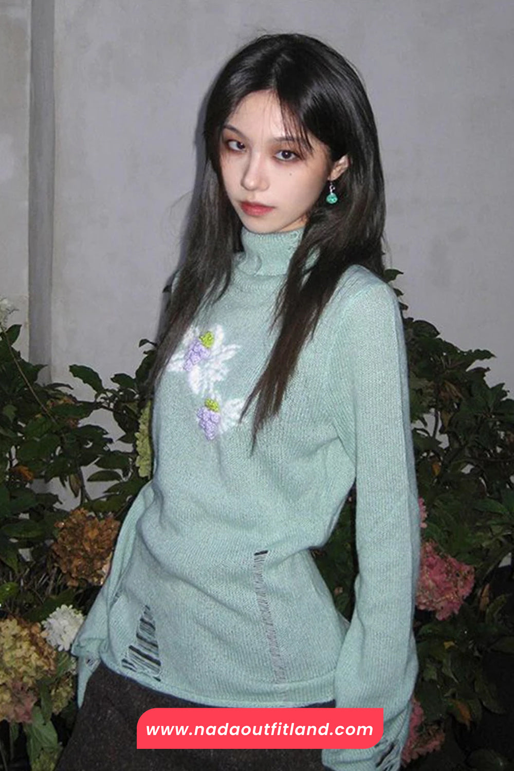 Long Sleeve High Neck Floral Knitted Ripped Sweater