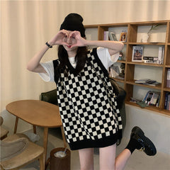 V-Neck Plaid Checkered Knitted Vest Sweater