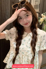 Short Sleeve Floral Pattern Doll Collar Shirt