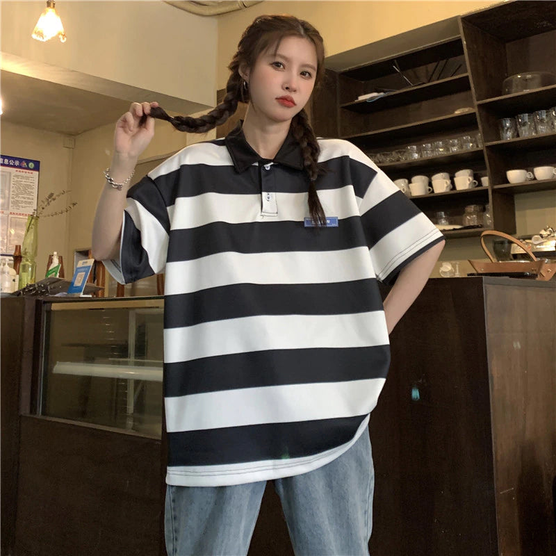 Loose Striped Colors Collar Shirt