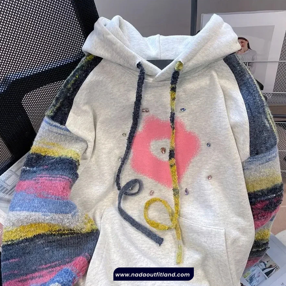Loose Hooded Striped Rhinestone Sequined Sweatshirt