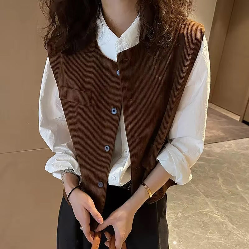 Retro O-Neck Corduroy Vest Sleeveless Sweater