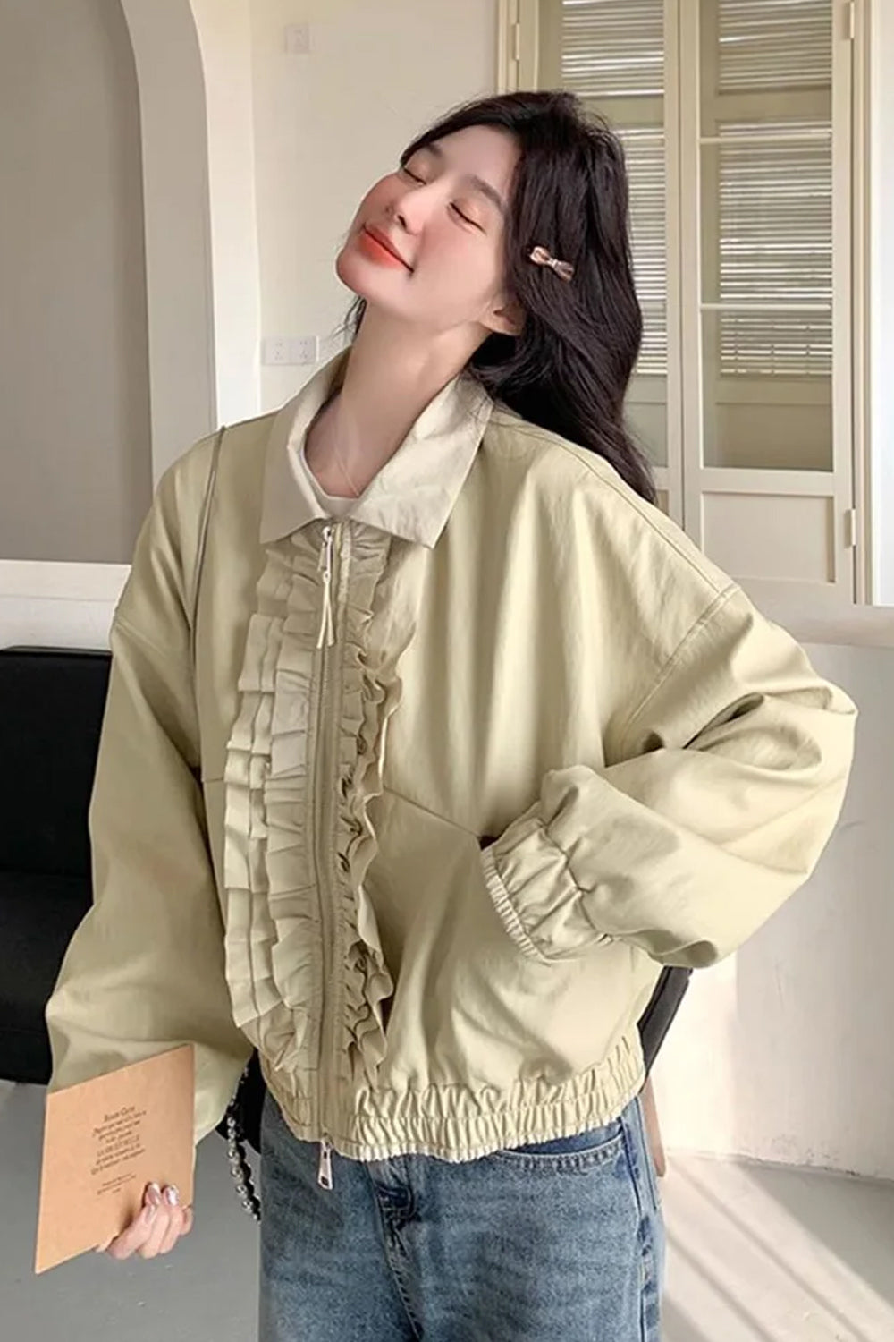 Long Sleeve Sweet Ruffled Cargo Jacket