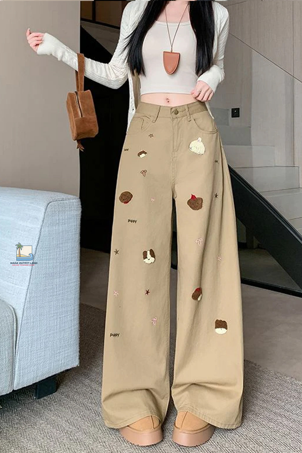 High Waist Loose Cute Dog Embroidered Khaki Jeans Pants