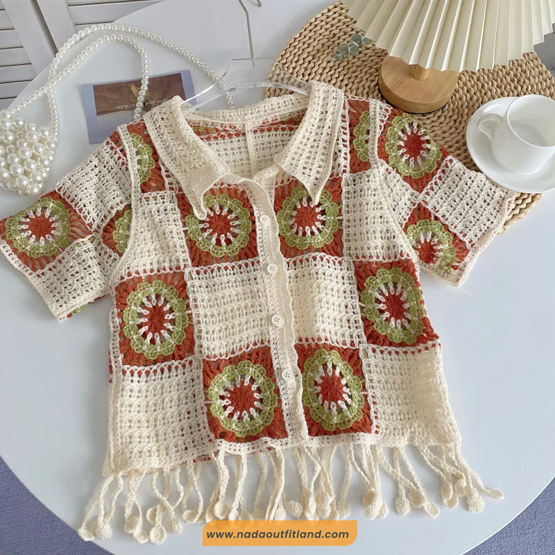 Short Sleeve Turn Down Collar Flower Pattern Crochet Shirts