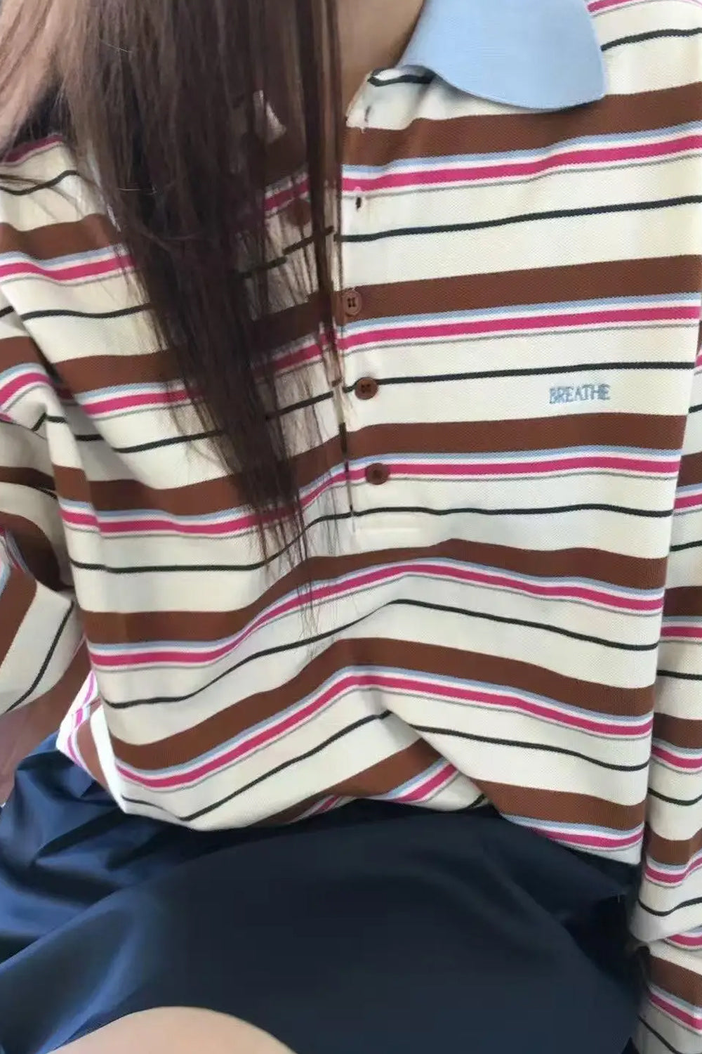 Loose Striped Turn Down Collar Sweatshirt