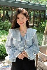 Flare Sleeve Sweet Lace Bandage Slim Blouse Shirt