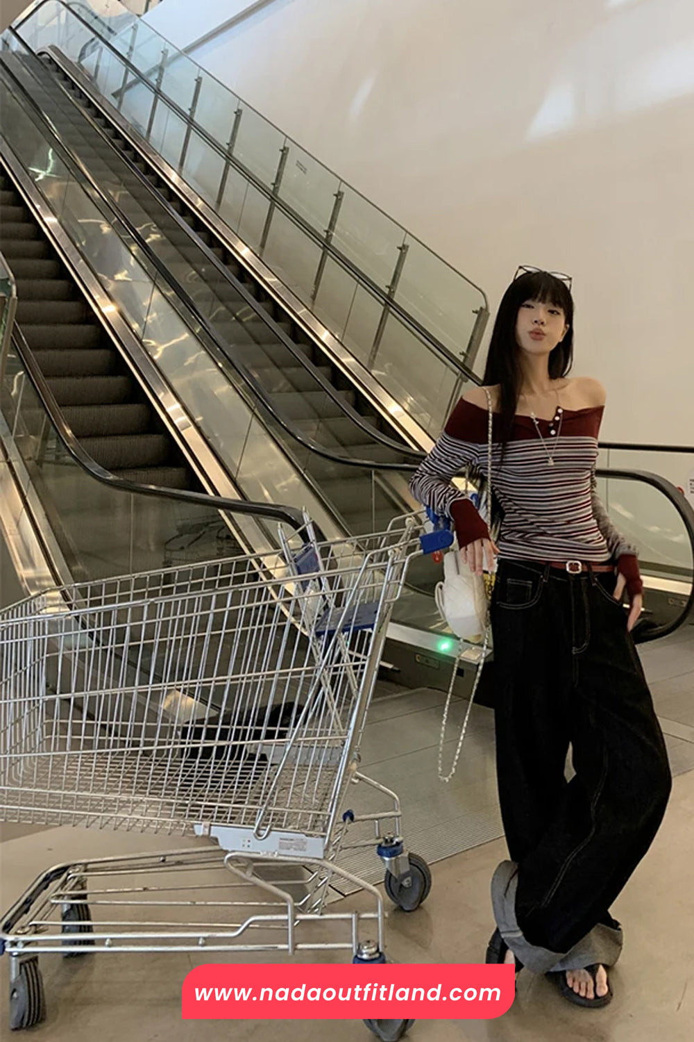 Long Sleeve Slash Neck Striped Cropped Slim Shirt