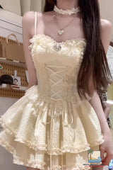 Sexy Cute Ruffled Lace Yellow Mini Dress