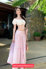 Casual A-Line Design Pink Plaid Midi Skirts