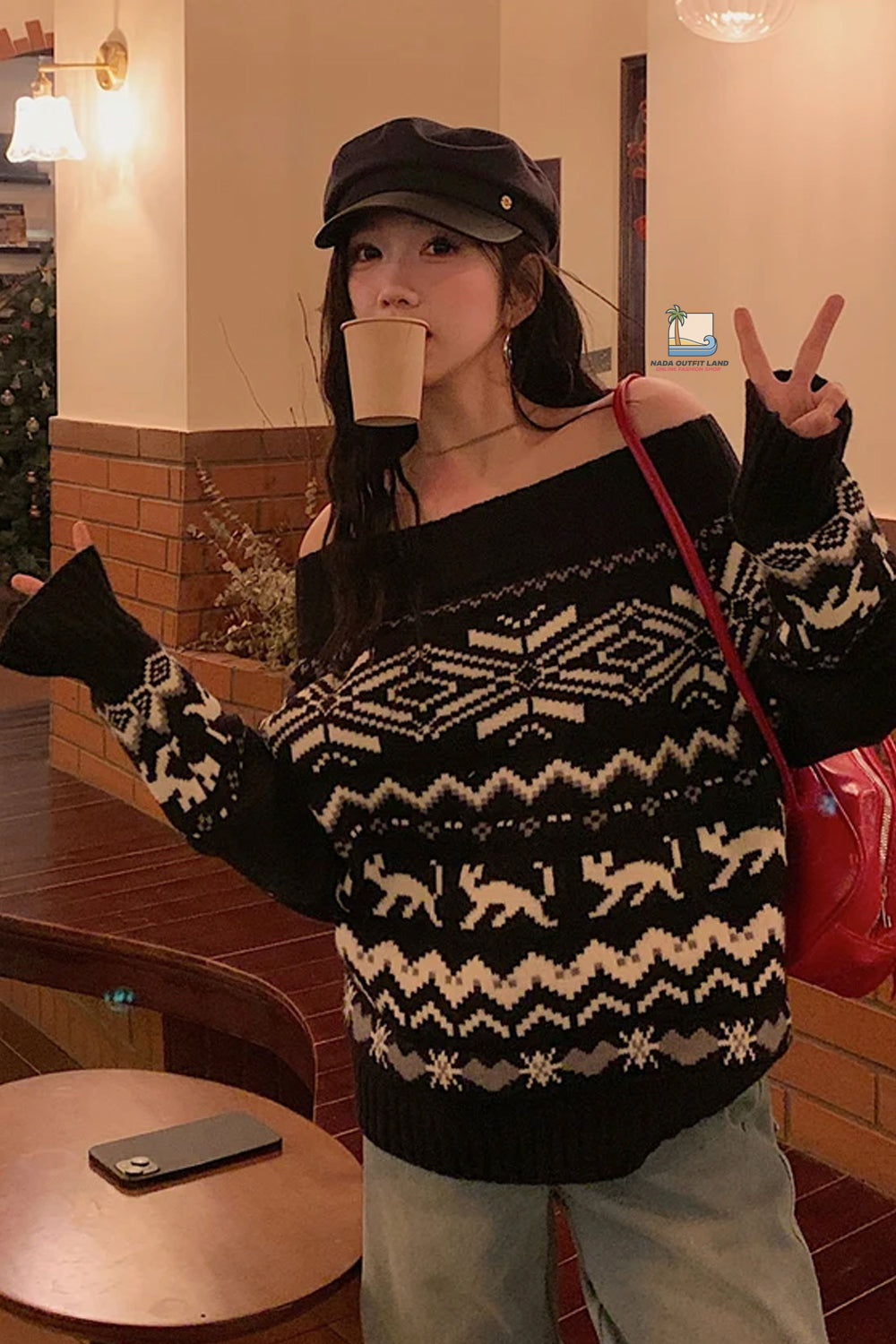 Sexy Slash Neck Retro Pattern Knitted Sweater