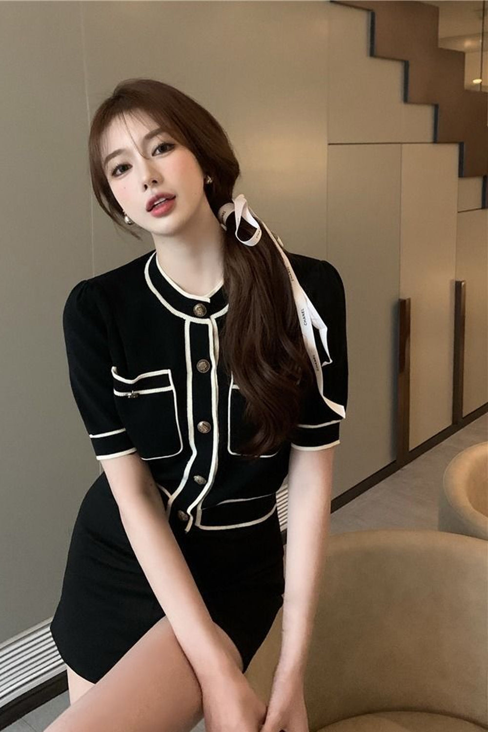 Short Sleeve Panelled Line Cropped Slim Shirt