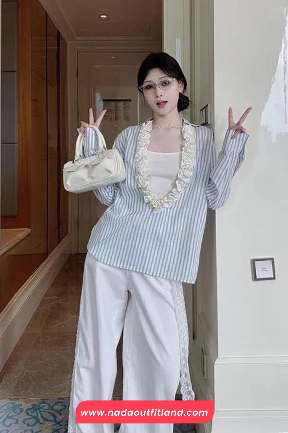 Long Sleeve 3D Floral Open Collar Striped Blouse Shirt