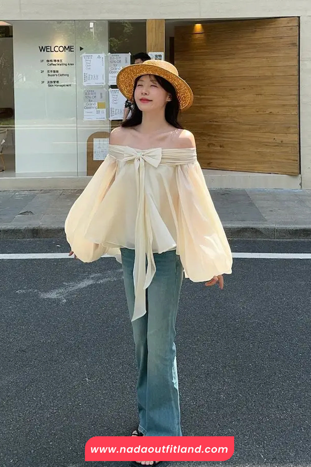Cute Bow Bubble Sleeve Off Shoulder Blouse Shirt