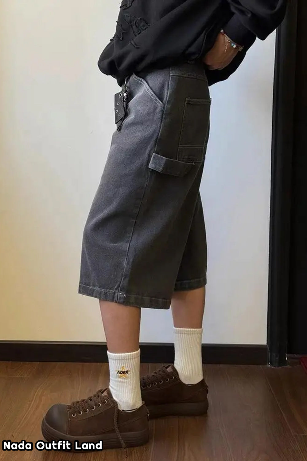 Vintage Knee Length Washed Black Denim Shorts