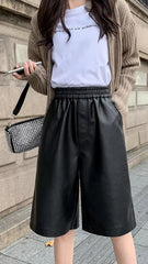 High Waist Elastic Casual Leather Shorts