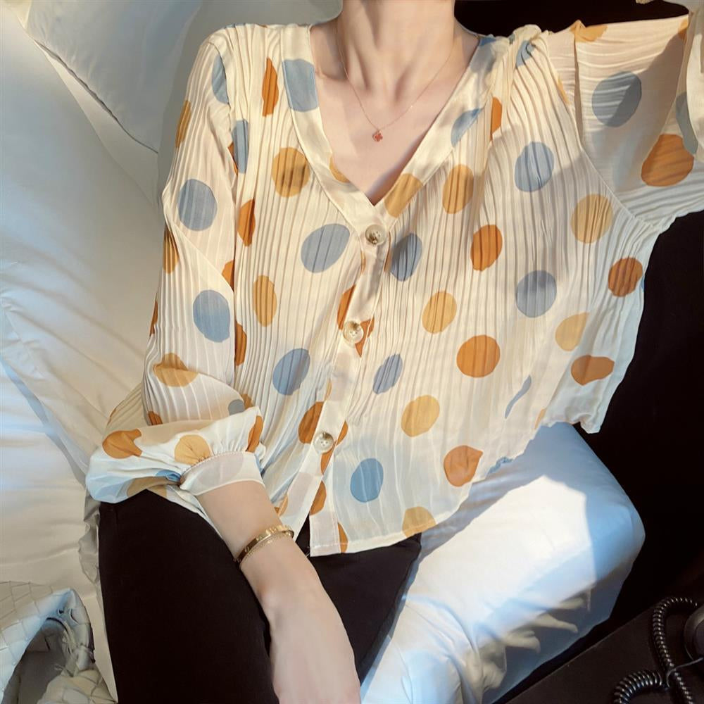 V-Neck Long Sleeve Polka Dots Chiffon Shirt