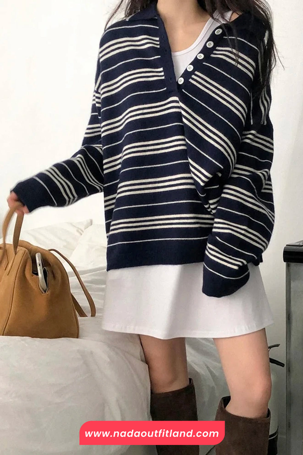 Long Sleeve Vintage Knitted Striped Button Sweater