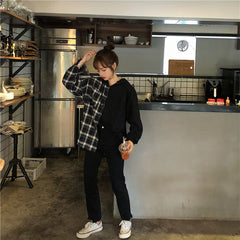 Half Style Combination Hooded Plaid Shirt