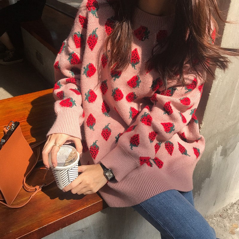 Loose Strawberries Pattern Sweet Sweater