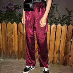 Dragon Embroidery Satin Wide Leg Pants