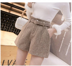 High Waist Belted A-Line Woolen Shorts