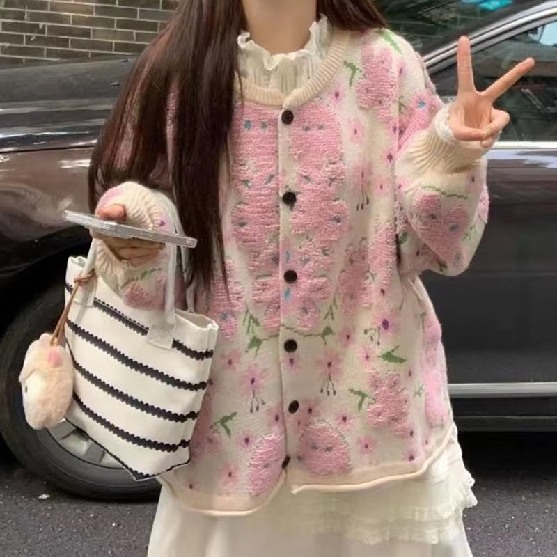 Loose Flocking Flowers Cardigan Sweater