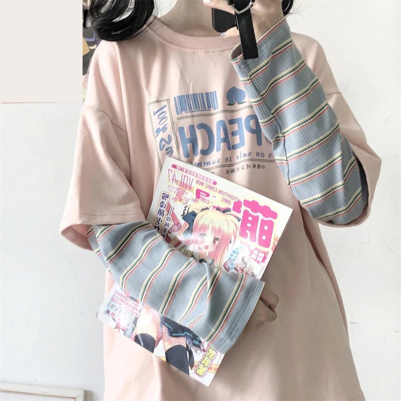 Peach Printed Long Sleeve With Striped Shirt