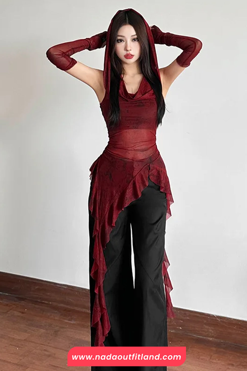 See Through Irregular Hooded Ruffles Slim Shirt