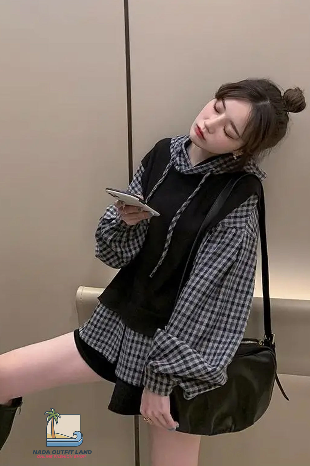 Loose Two Style Hooded Plaid Sweatshirt