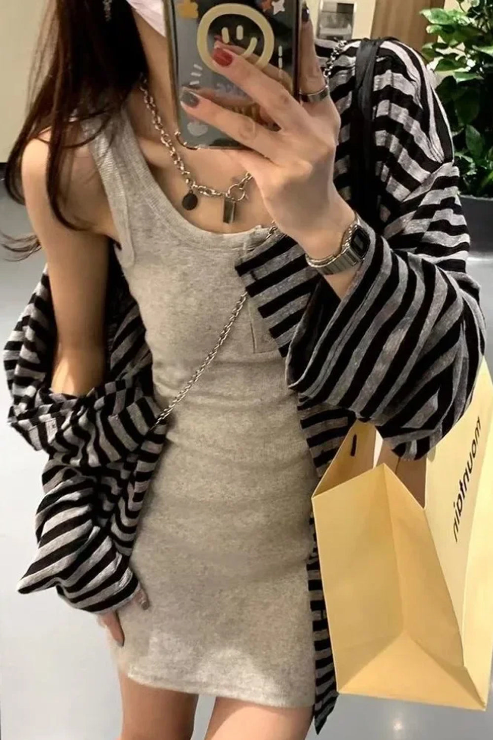 Black Striped Lightweight Cardigan Shirt â€?Minimalist Elegant Layering Piece