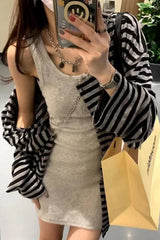 Black Striped Lightweight Cardigan Shirt â€?Minimalist Elegant Layering Piece