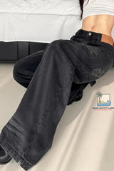 High Waist Retro Black Grey Loose Jeans Pants