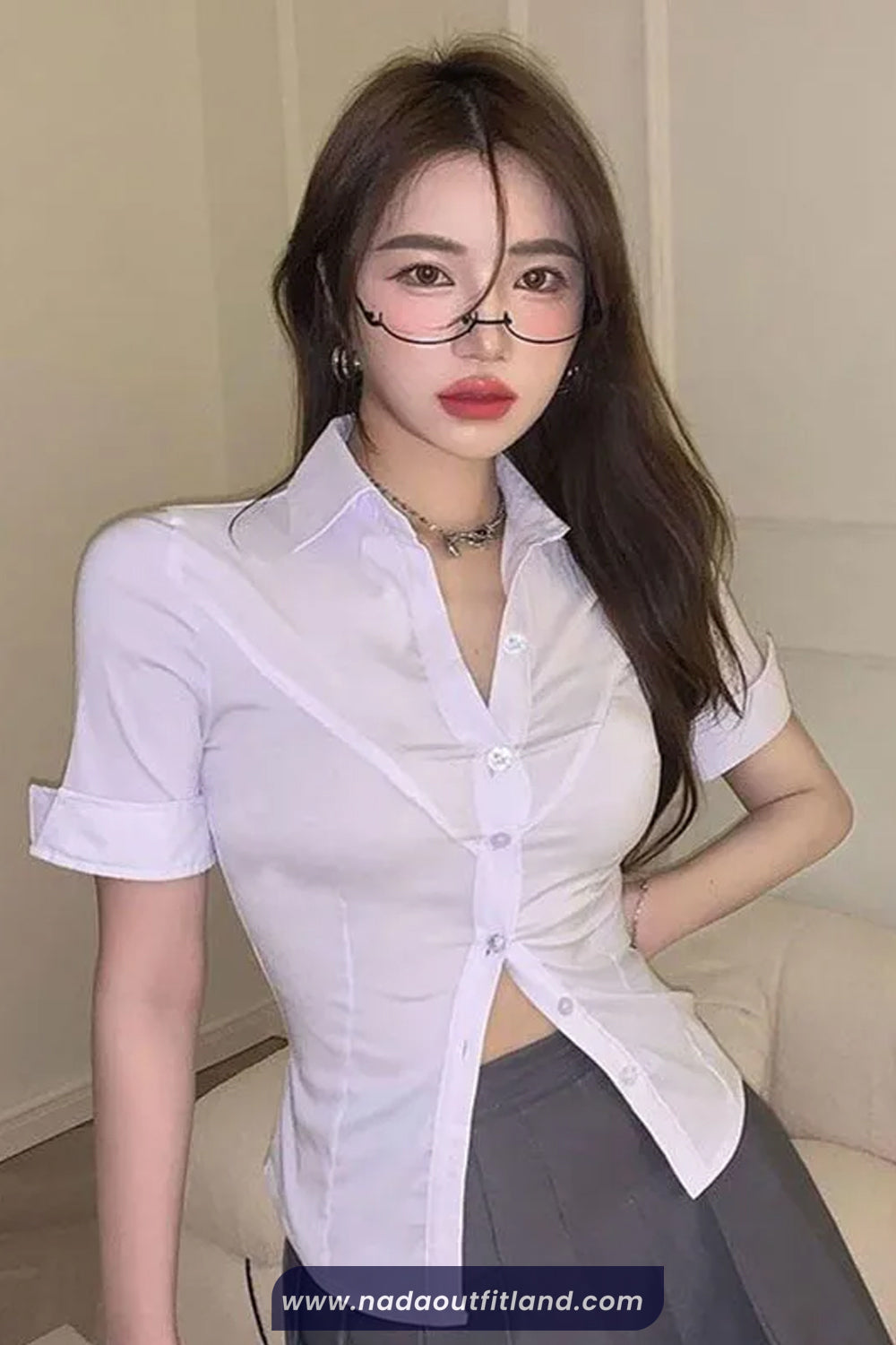 Short Sleeve Turn Down Collar Cropped Slim Blouse Shirt