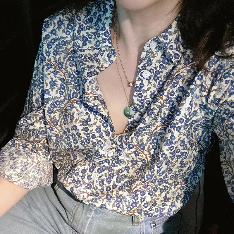 Long Sleeve Blue Floral Casual Blouse Shirt
