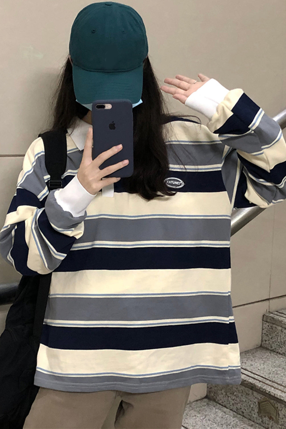Turn Down Collar Retro Striped Sweatshirt